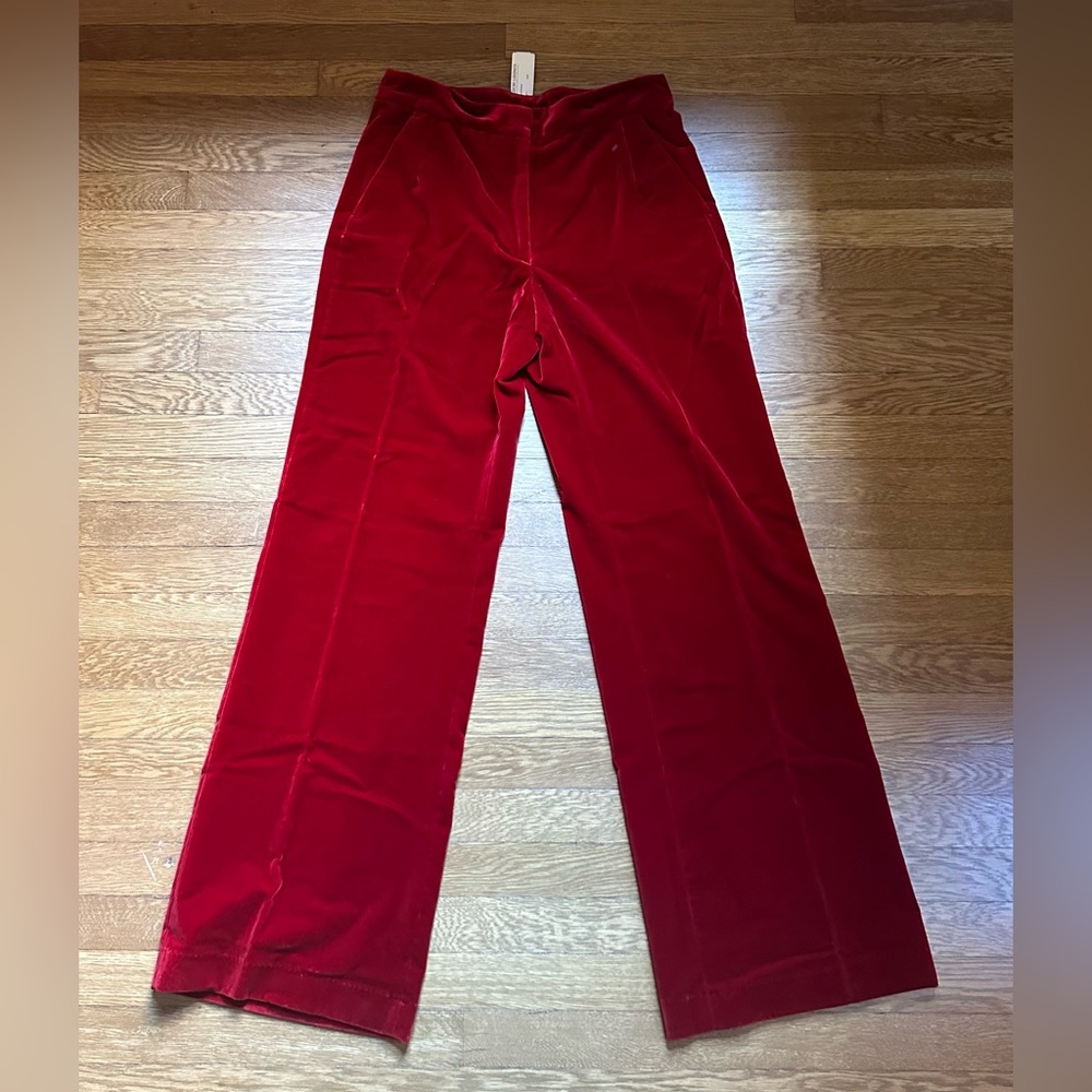 NEW DRIES VAN NOTEN RED CRUSHED VELVET FLAIR PANTS SIZE 42